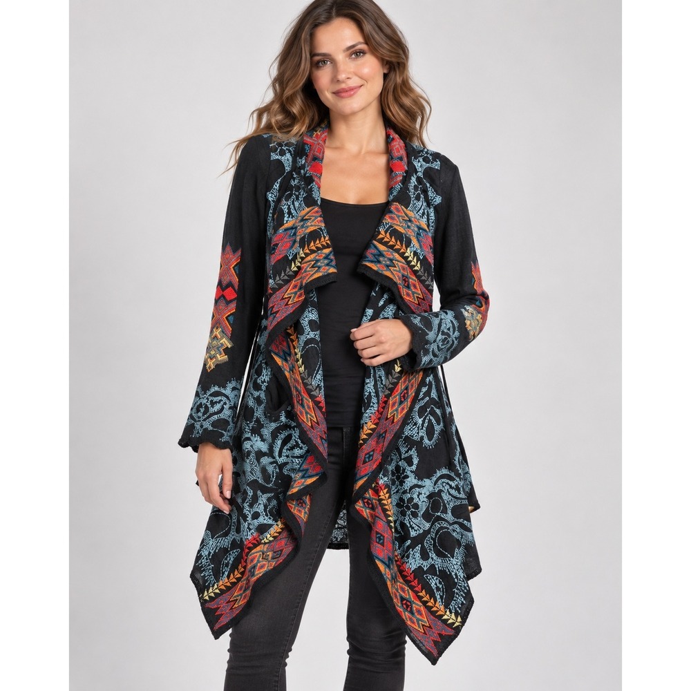 Biya Johnny Was Cardigan Embroidered Cotton Draped Wrap Boho Black Small